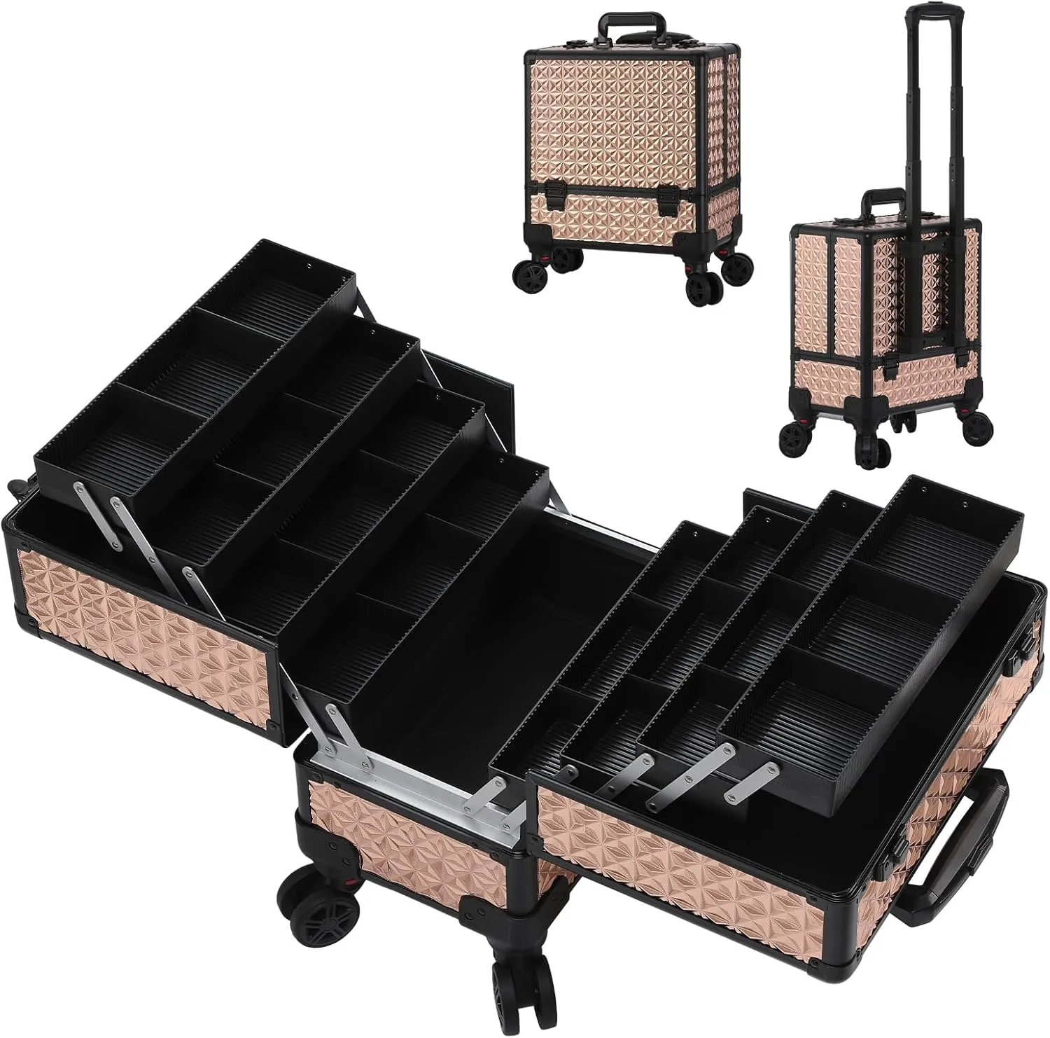 Leeora&Leekoo High-Capacity Multilayer Portable Nail Case for Nail Tech Organizer with Wheels - Lockable Makeup Case Organizer, Cosmetic Case, Makeup Train Case (rose gold)