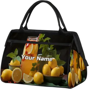 Lemon Juice Pattern Travel Duffel Bag, Personalized Sports Gym Bag Custom for Women and Men Waterproof Overnight Weekender Carry On Tote Bags for Airplanes, Traveling, Gym, Football, Hospital Bag