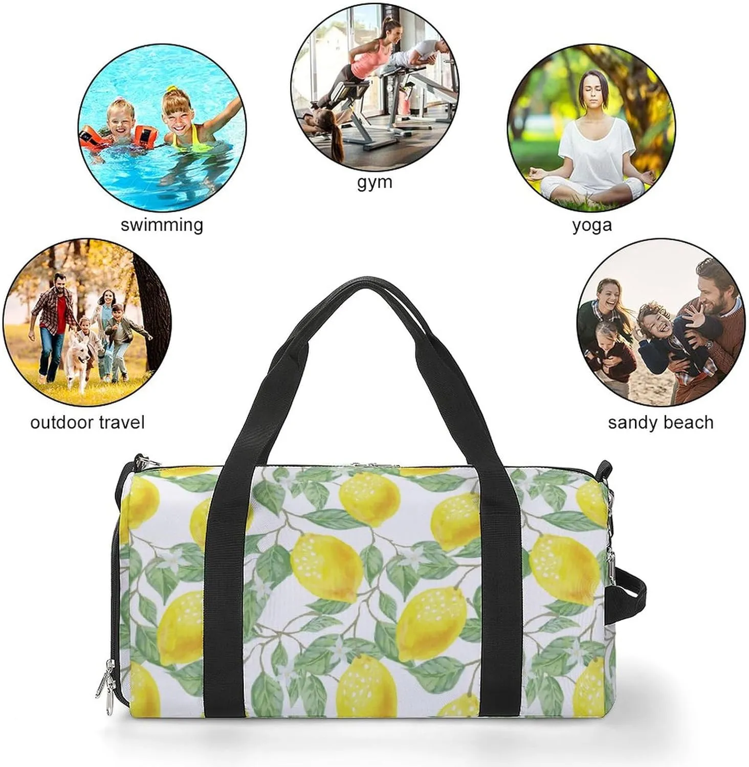 Lemon Pattern Sports Tote Gym Bag for Women Men, Overnight Bag with Shoe Compartment Water Resistant