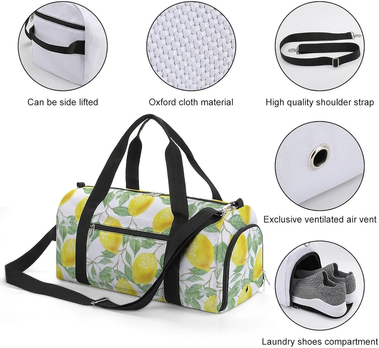 Lemon Pattern Sports Tote Gym Bag for Women Men, Overnight Bag with Shoe Compartment Water Resistant