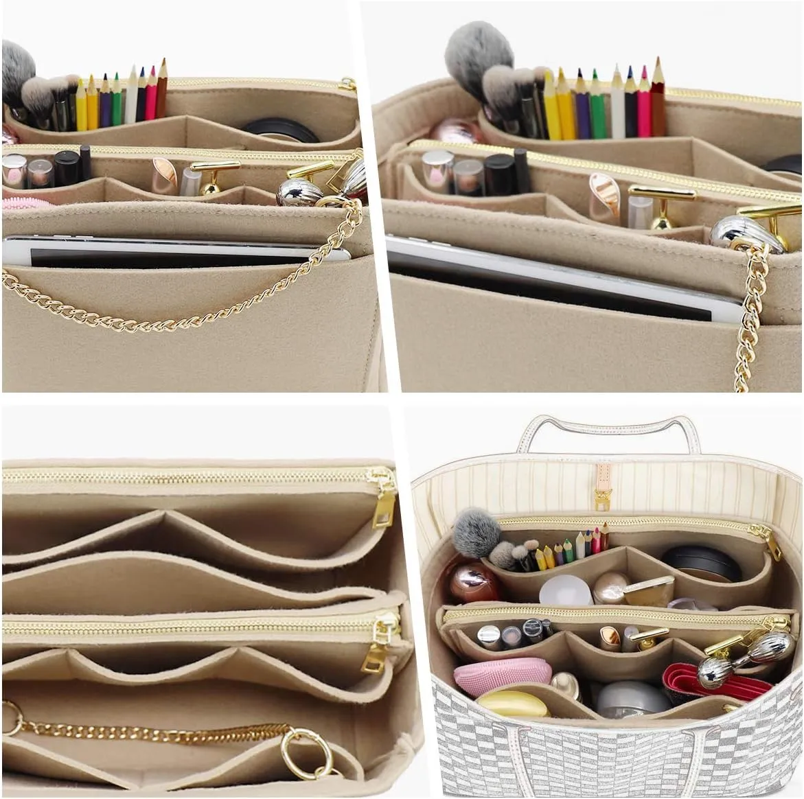 LEXSION 3 in 1 Felt Purse Organizer Insert Bag in Bag with a Bottle Holder Shaper 8026 Beige M