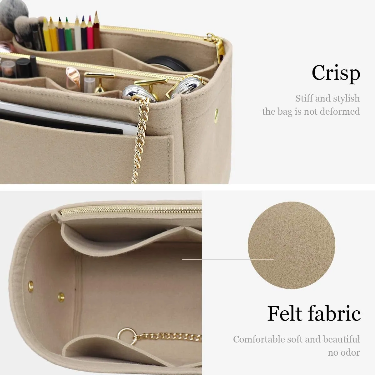 LEXSION 3 in 1 Felt Purse Organizer Insert Bag in Bag with a Bottle Holder Shaper 8026 Beige M