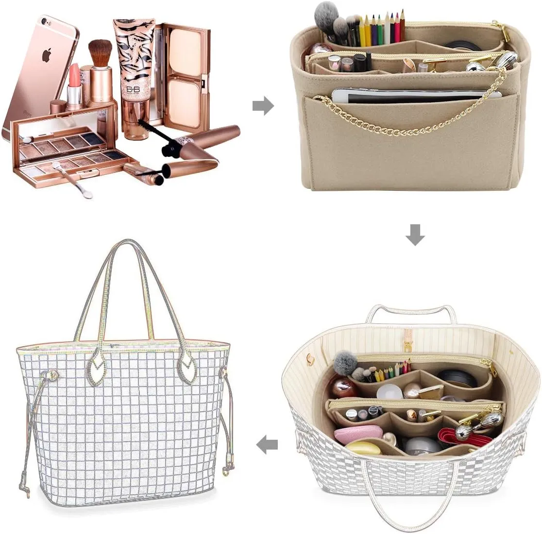 LEXSION 3 in 1 Felt Purse Organizer Insert Bag in Bag with a Bottle Holder Shaper 8026 Beige M