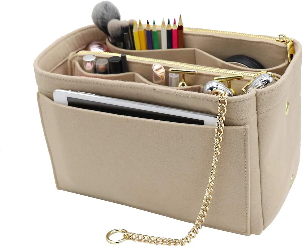 LEXSION 3 in 1 Felt Purse Organizer Insert Bag in Bag with a Bottle Holder Shaper 8026 Beige M