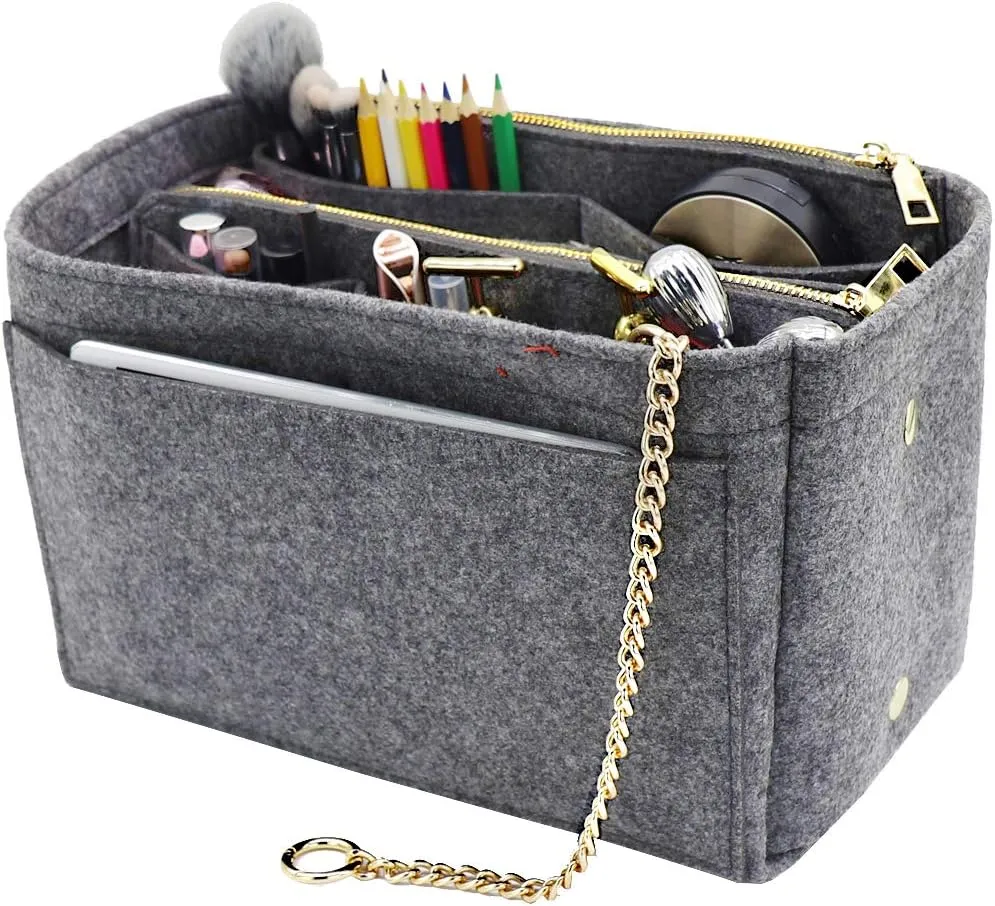 LEXSION 3 in 1 Felt Purse Organizer Insert Bag in Bag with a Bottle Holder Shaper 8026 Grey M