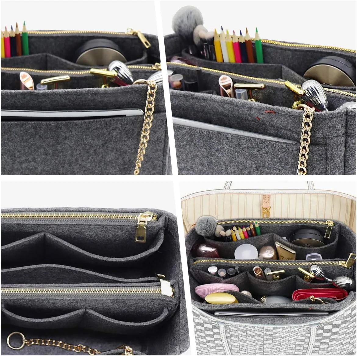 LEXSION 3 in 1 Felt Purse Organizer Insert Bag in Bag with a Bottle Holder Shaper 8026 Grey M