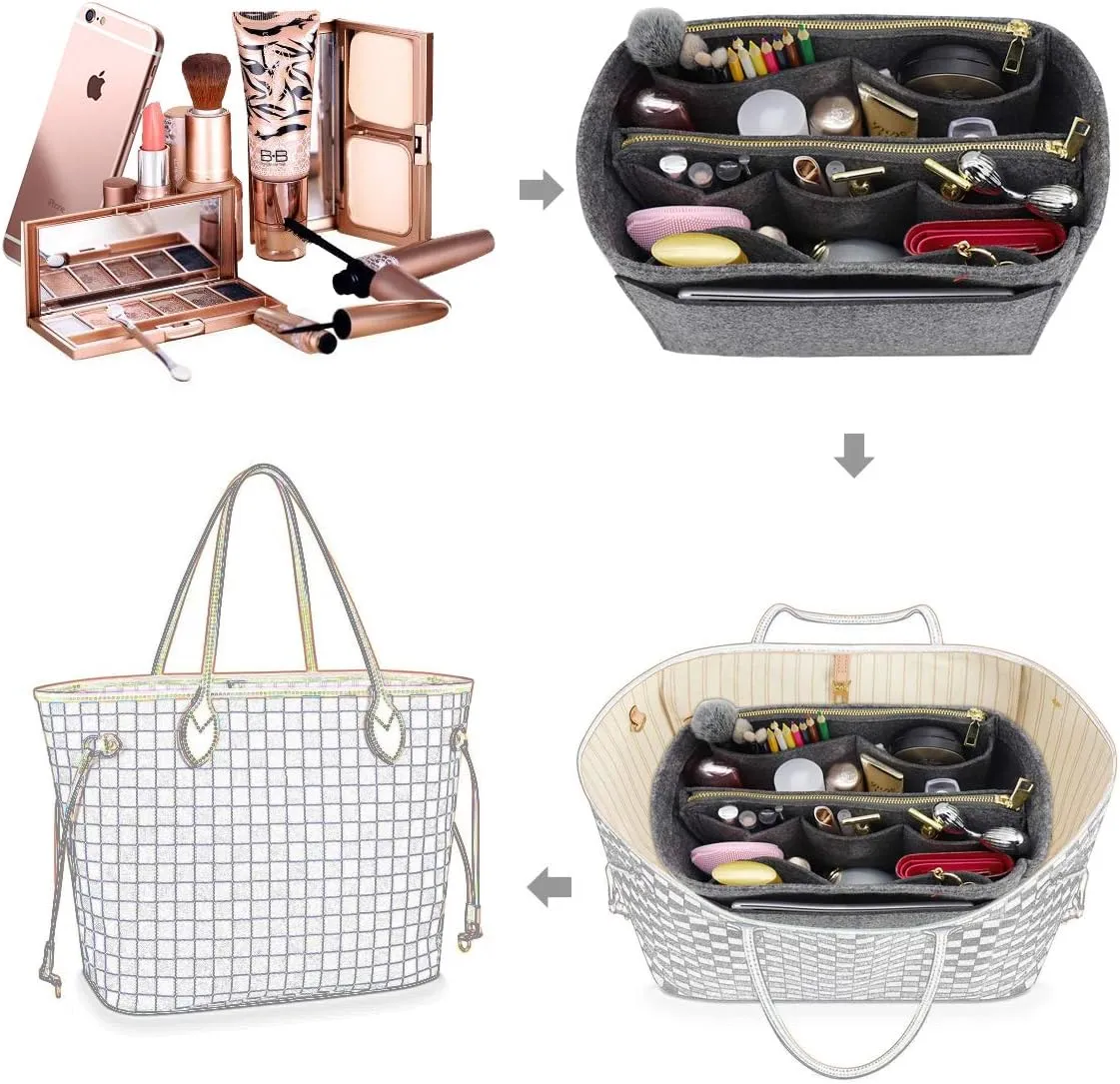 LEXSION 3 in 1 Felt Purse Organizer Insert Bag in Bag with a Bottle Holder Shaper 8026 Grey M
