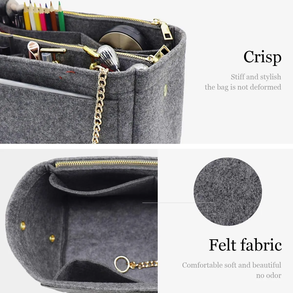 LEXSION 3 in 1 Felt Purse Organizer Insert Bag in Bag with a Bottle Holder Shaper 8026 Grey M