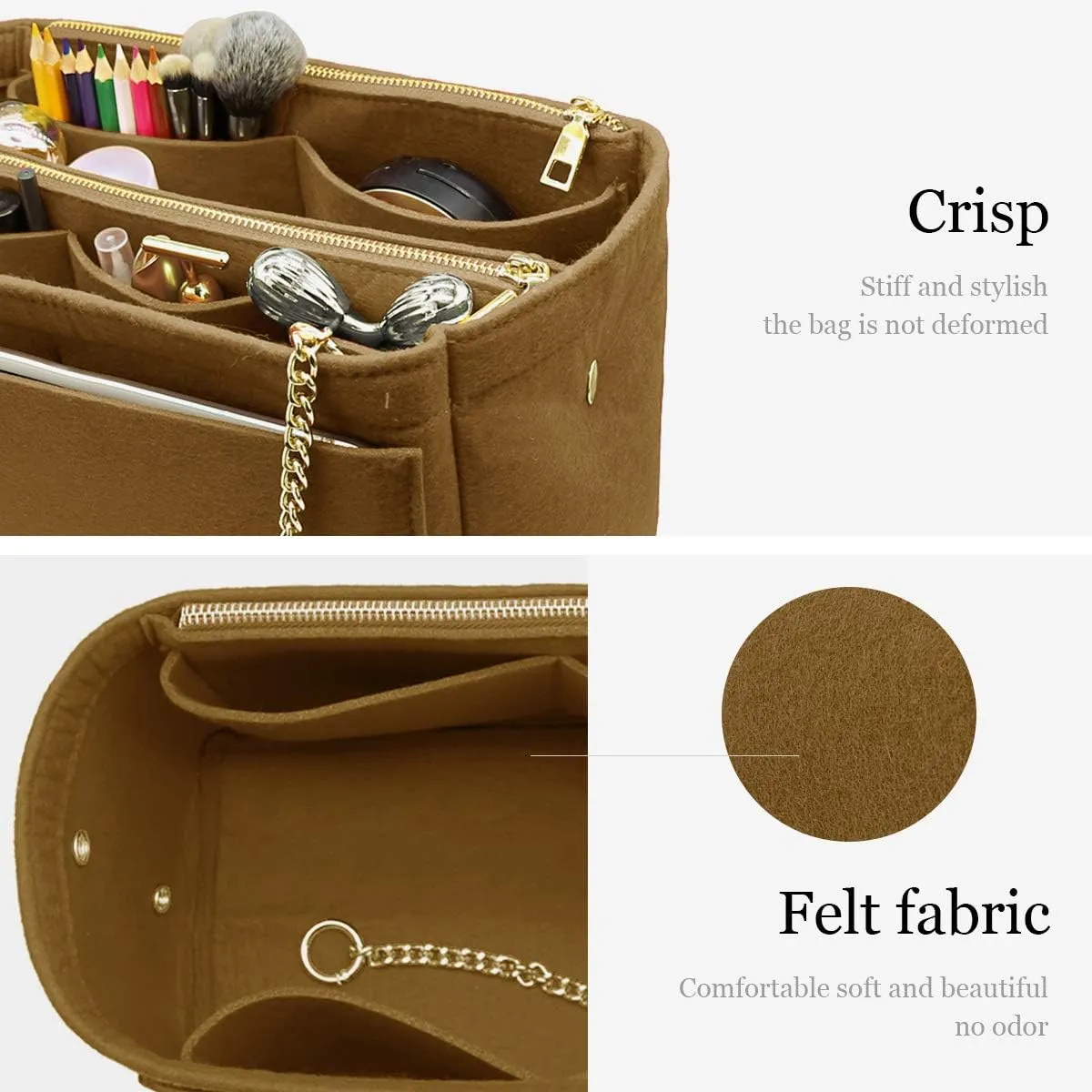 LEXSION 3 in 1 Felt Purse Organizer Insert Bag in Bag with a Bottle Holder Shaper 8026 Light Brown M