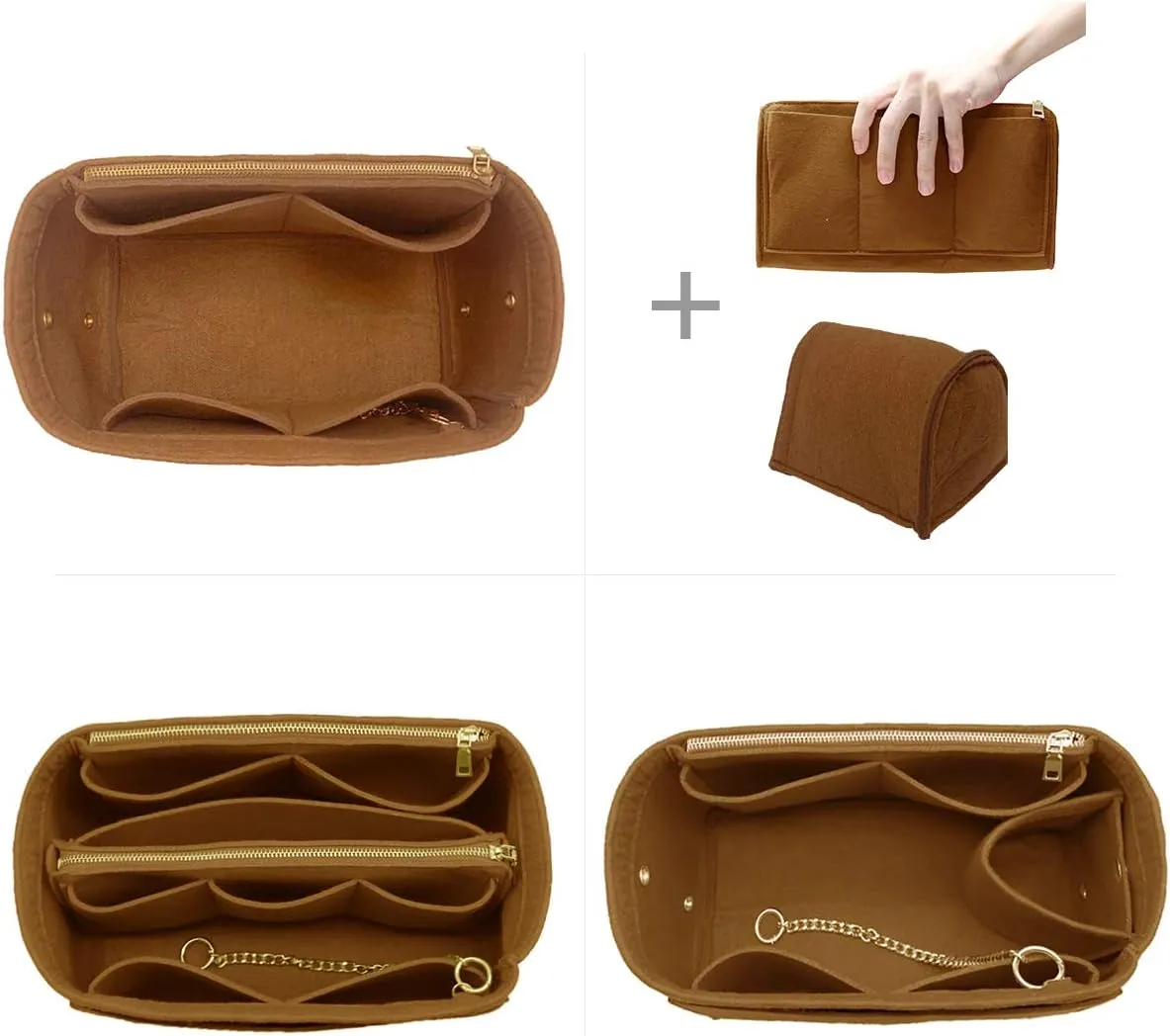 LEXSION 3 in 1 Felt Purse Organizer Insert Bag in Bag with a Bottle Holder Shaper 8026 Light Brown M