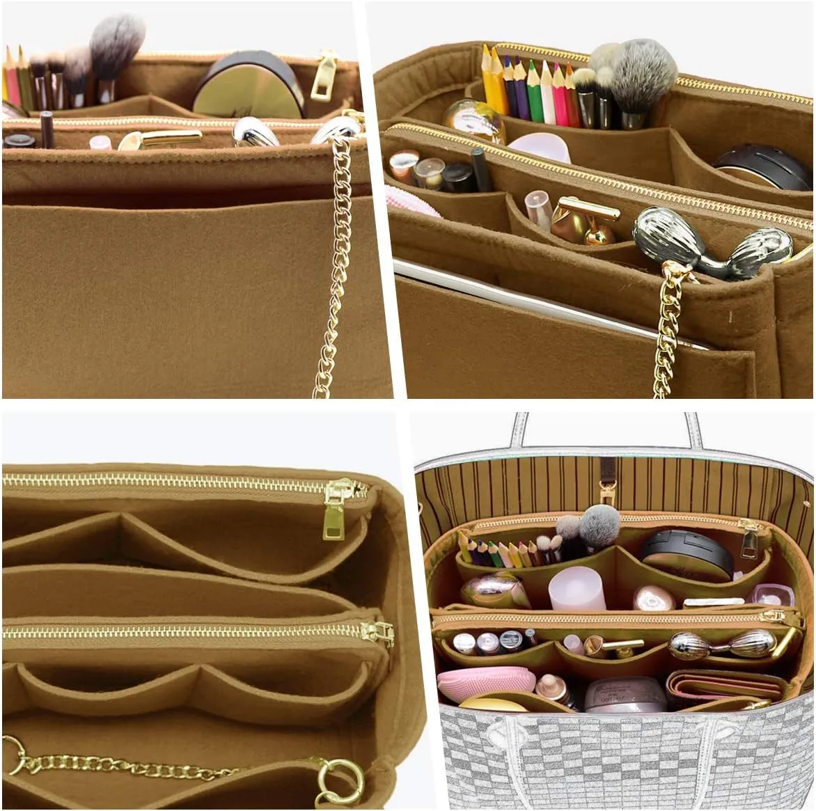 LEXSION 3 in 1 Felt Purse Organizer Insert Bag in Bag with a Bottle Holder Shaper 8026 Light Brown M
