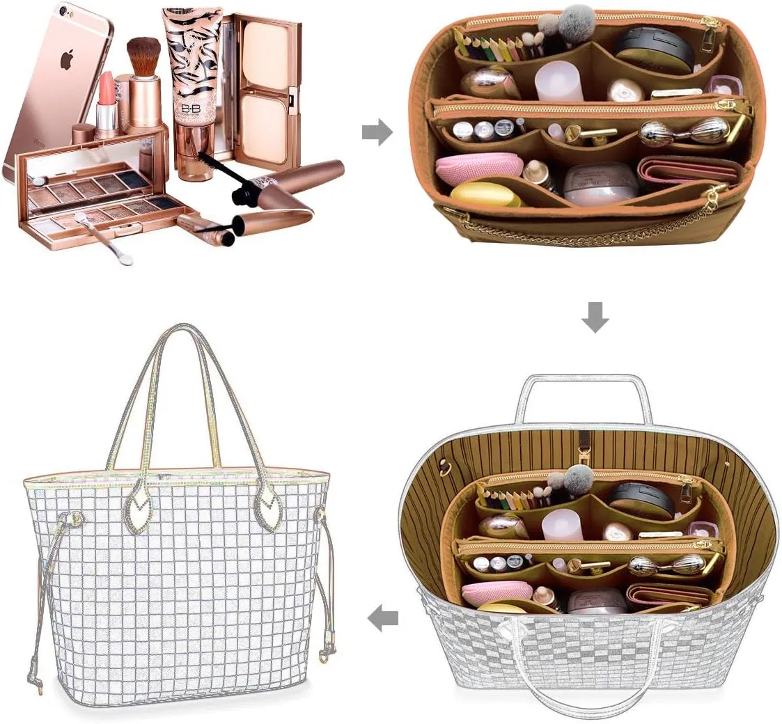 LEXSION 3 in 1 Felt Purse Organizer Insert Bag in Bag with a Bottle Holder Shaper 8026 Light Brown M