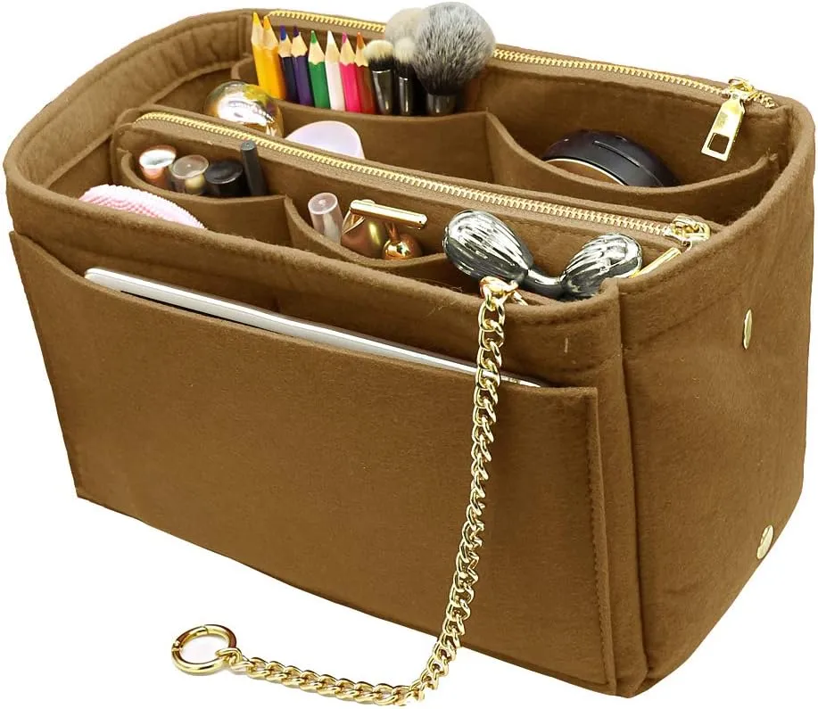 LEXSION 3 in 1 Felt Purse Organizer Insert Bag in Bag with a Bottle Holder Shaper 8026 Light Brown M