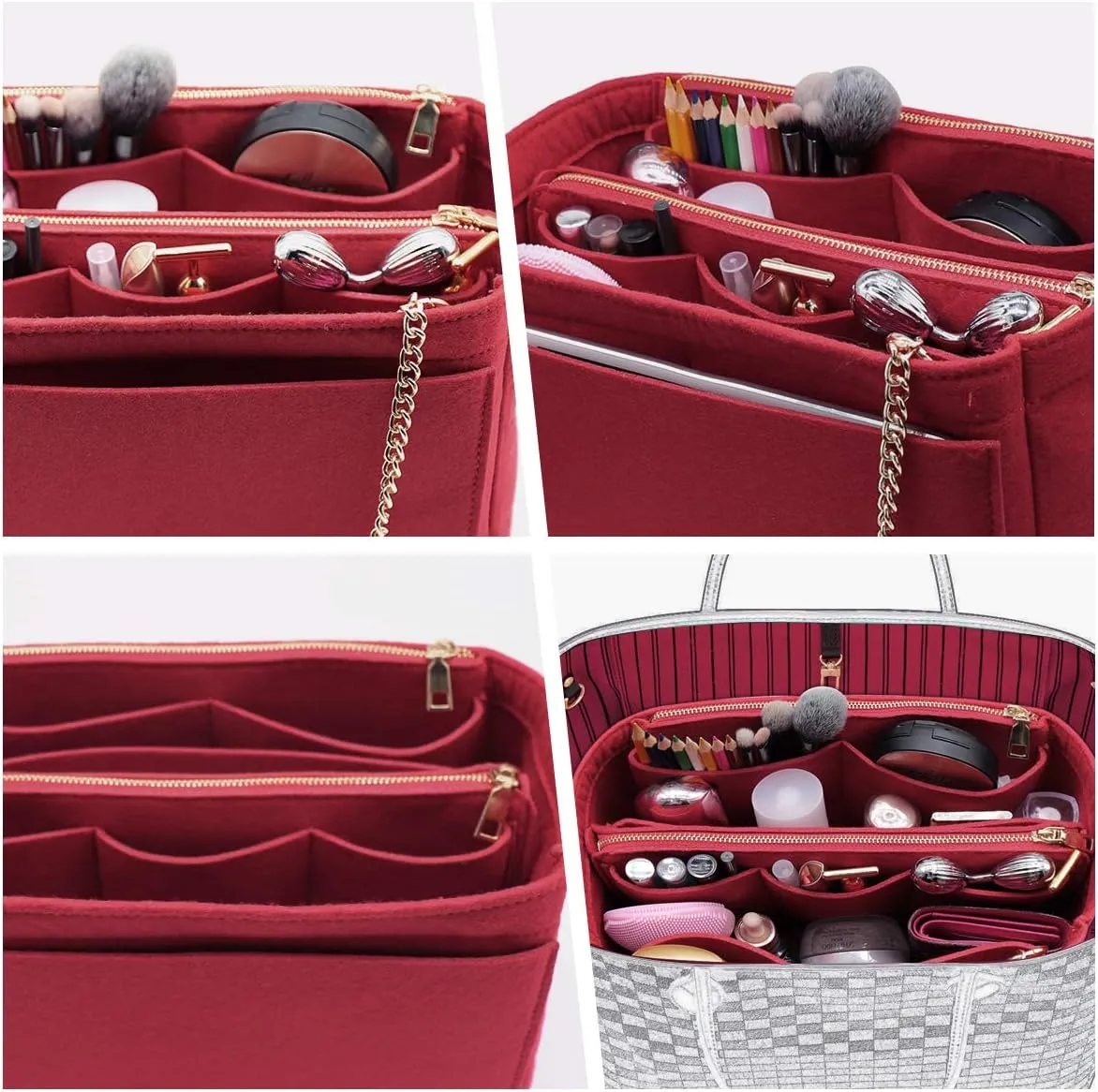 LEXSION 3 in 1 Felt Purse Organizer Insert Bag in Bag with a Bottle Holder Shaper 8026 Vine Red M