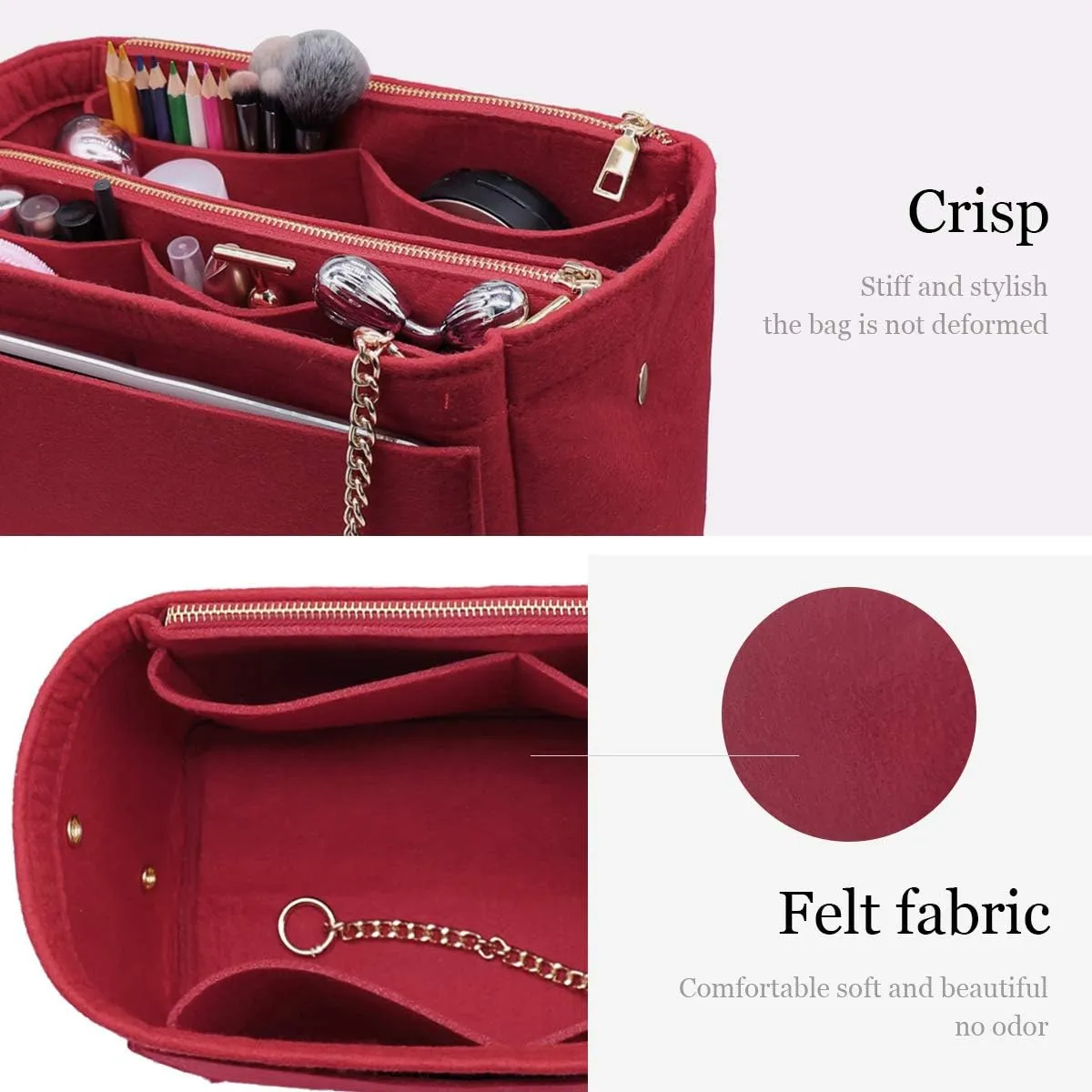 LEXSION 3 in 1 Felt Purse Organizer Insert Bag in Bag with a Bottle Holder Shaper 8026 Vine Red M