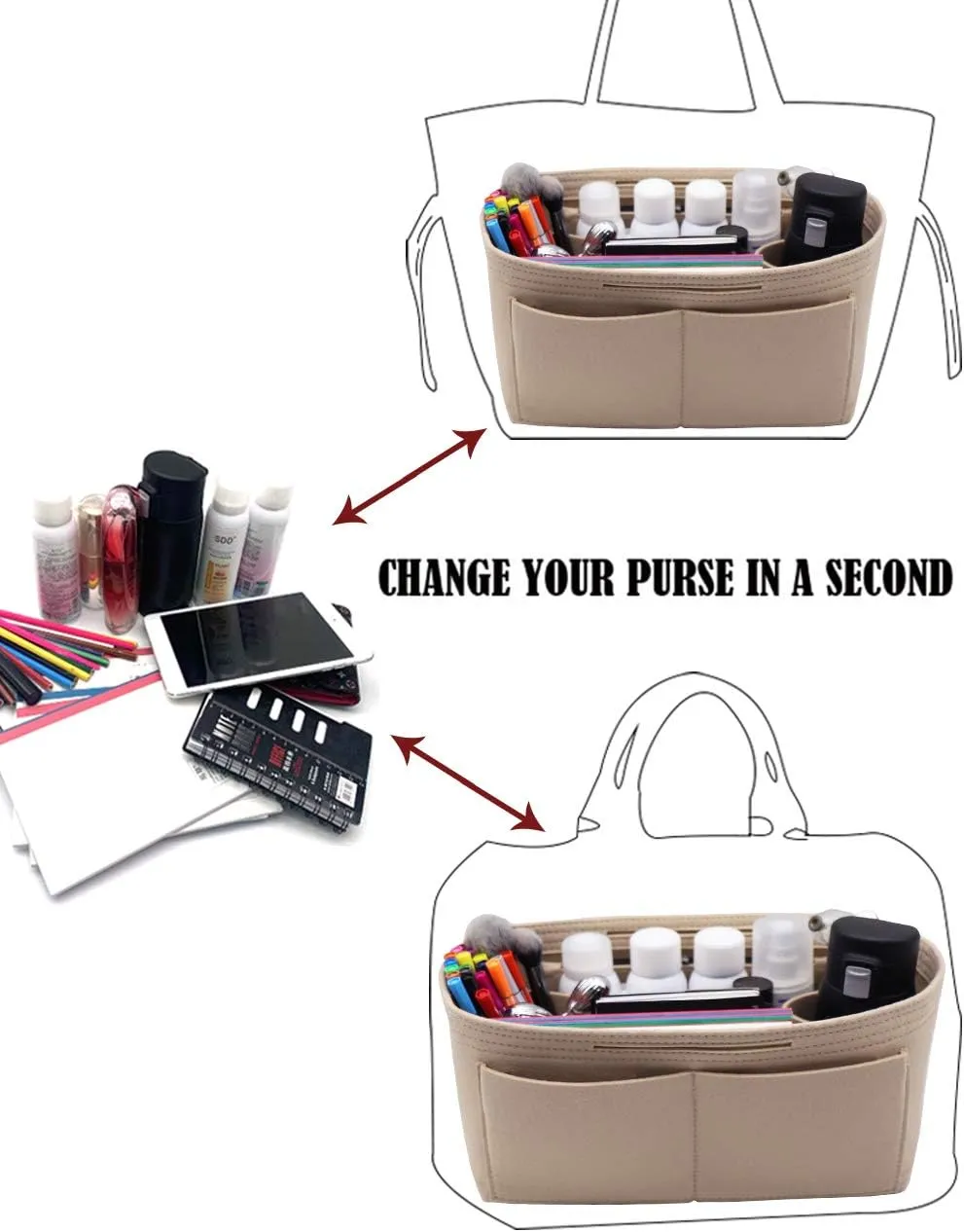 LEXSION Felt Purse Organizer Insert Zipper Pocket with Two Removeable Bottle Holder
