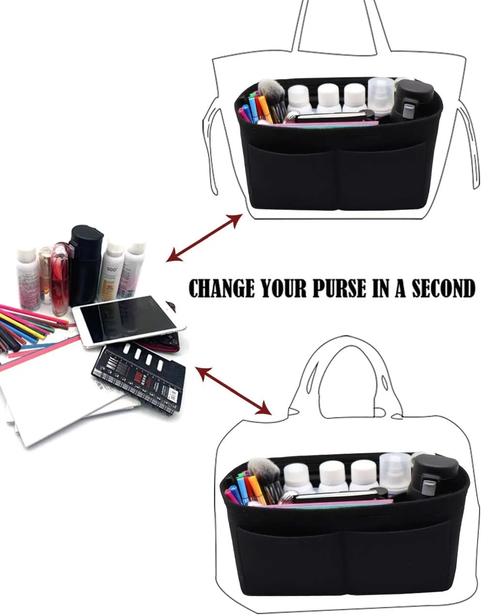 LEXSION Felt Purse Organizer Insert Zipper Pocket with Two Removeable Bottle Holder