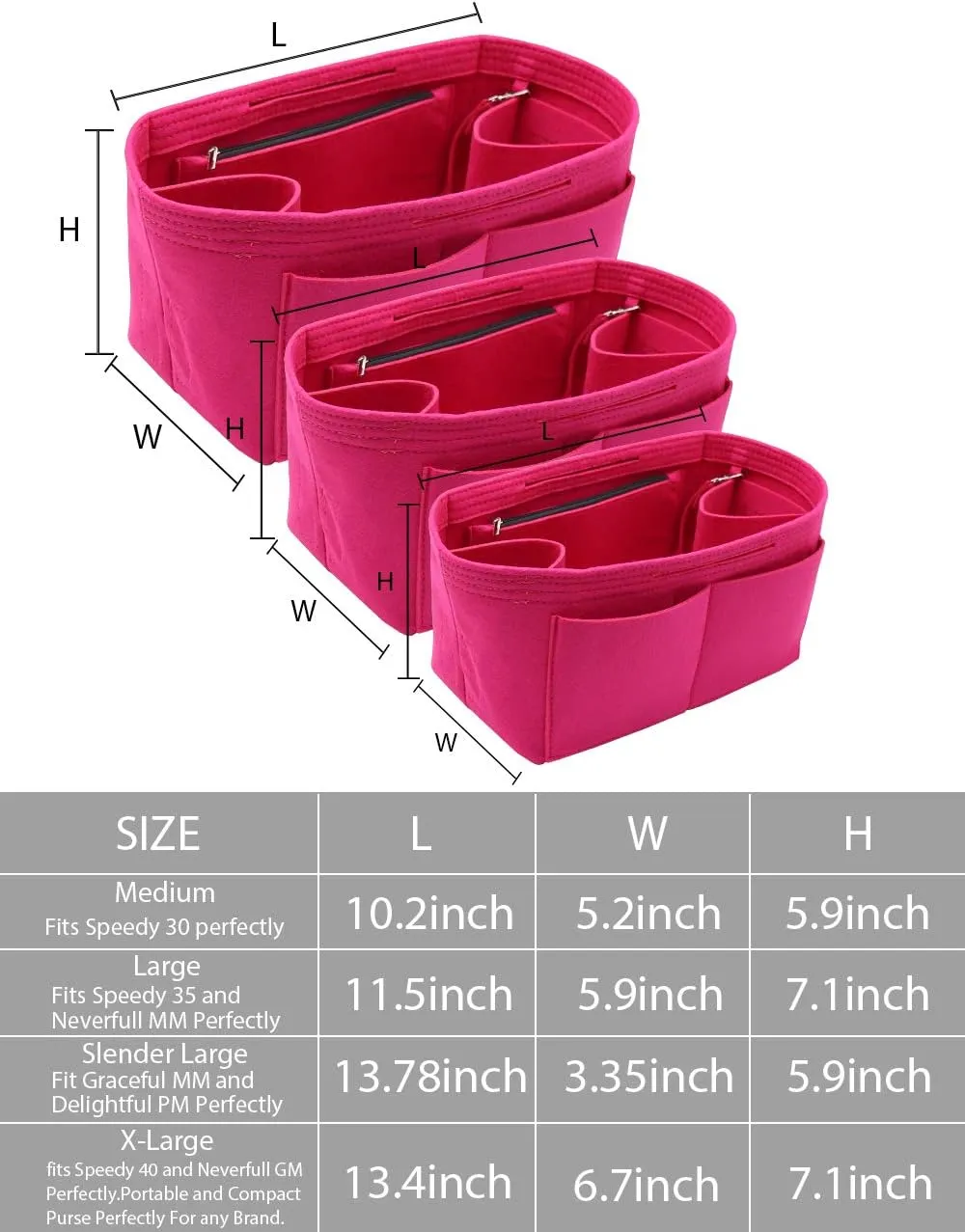 LEXSION Felt Purse Organizer Insert Zipper Pocket with Two Removeable Bottle Holder