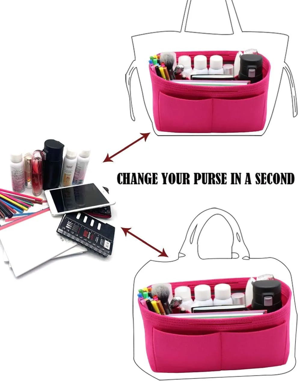 LEXSION Felt Purse Organizer Insert Zipper Pocket with Two Removeable Bottle Holder