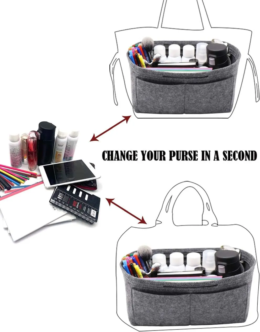 LEXSION Felt Purse Organizer Insert Zipper Pocket with Two Removeable Bottle Holder