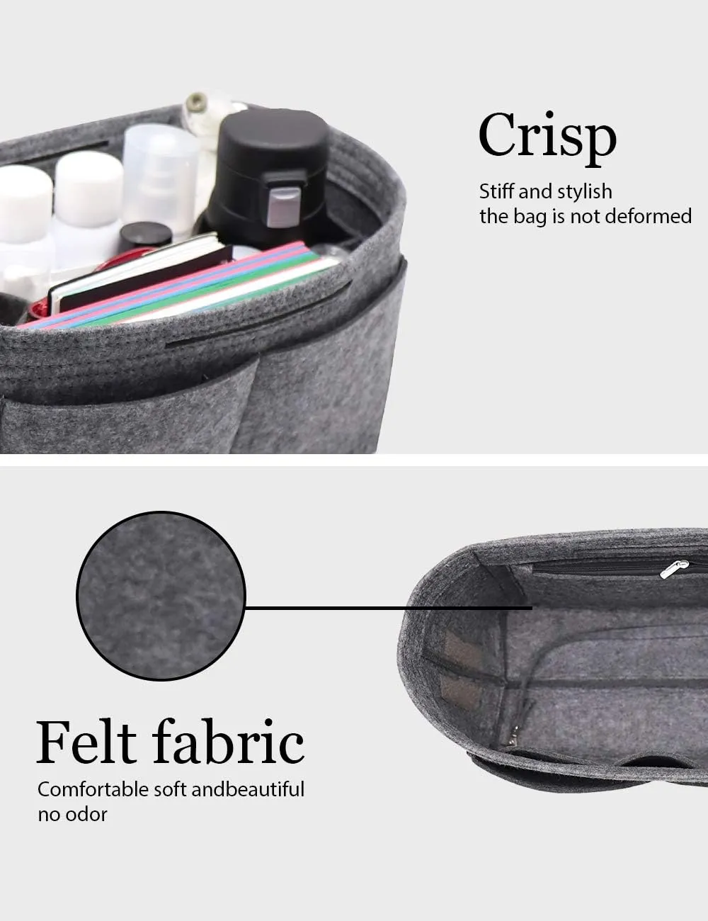 LEXSION Felt Purse Organizer Insert Zipper Pocket with Two Removeable Bottle Holder