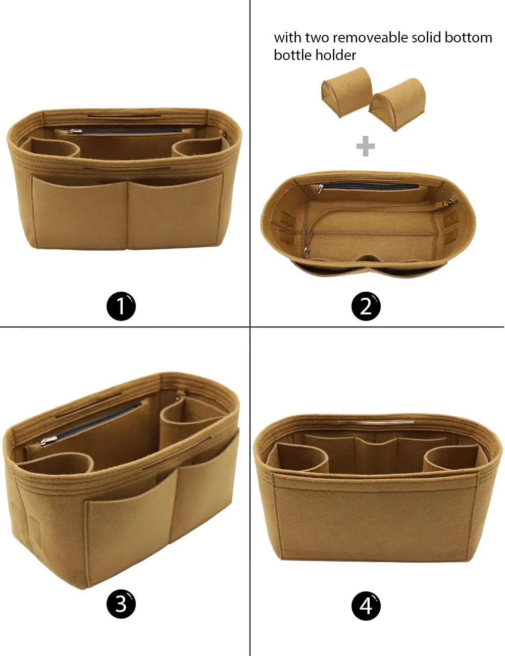 LEXSION Felt Purse Organizer Insert Zipper Pocket with Two Removeable Bottle Holder