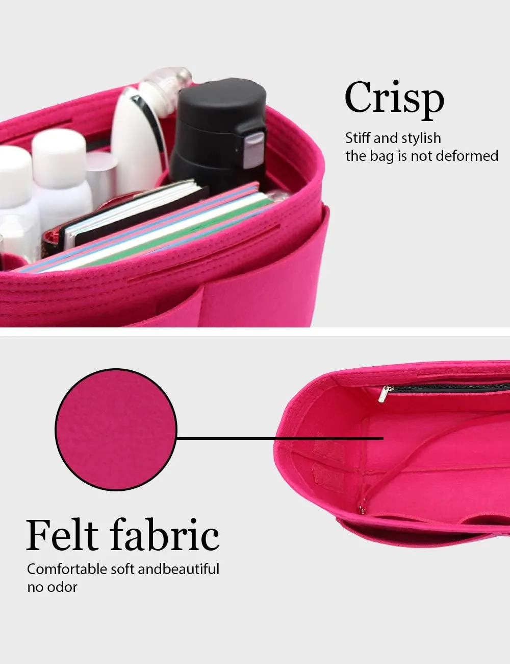 LEXSION Felt Purse Organizer Insert Zipper Pocket with Two Removeable Bottle Holder