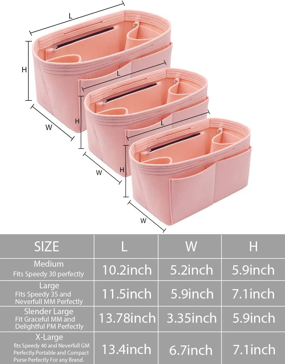 LEXSION Felt Purse Organizer Insert Zipper Pocket with Two Removeable Bottle Holder