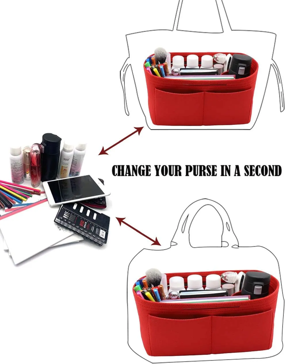 LEXSION Felt Purse Organizer Insert Zipper Pocket with Two Removeable Bottle Holder