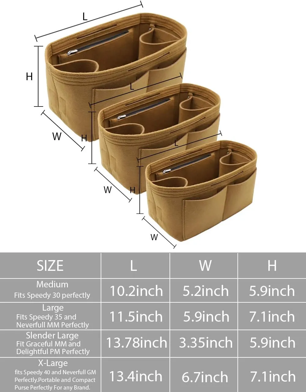 LEXSION Felt Purse Organizer Insert Zipper Pocket with Two Removeable Bottle Holder