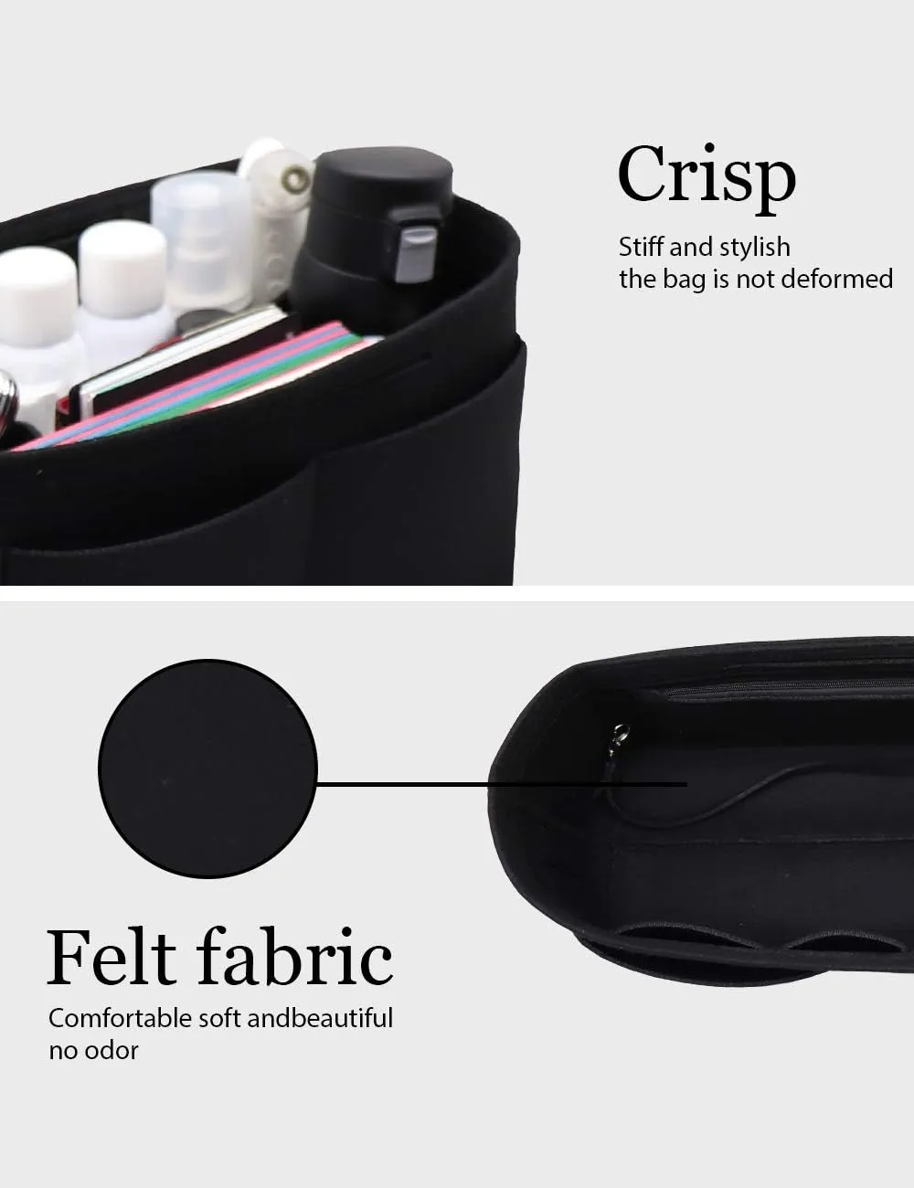 LEXSION Felt Purse Organizer Insert Zipper Pocket with Two Removeable Bottle Holder