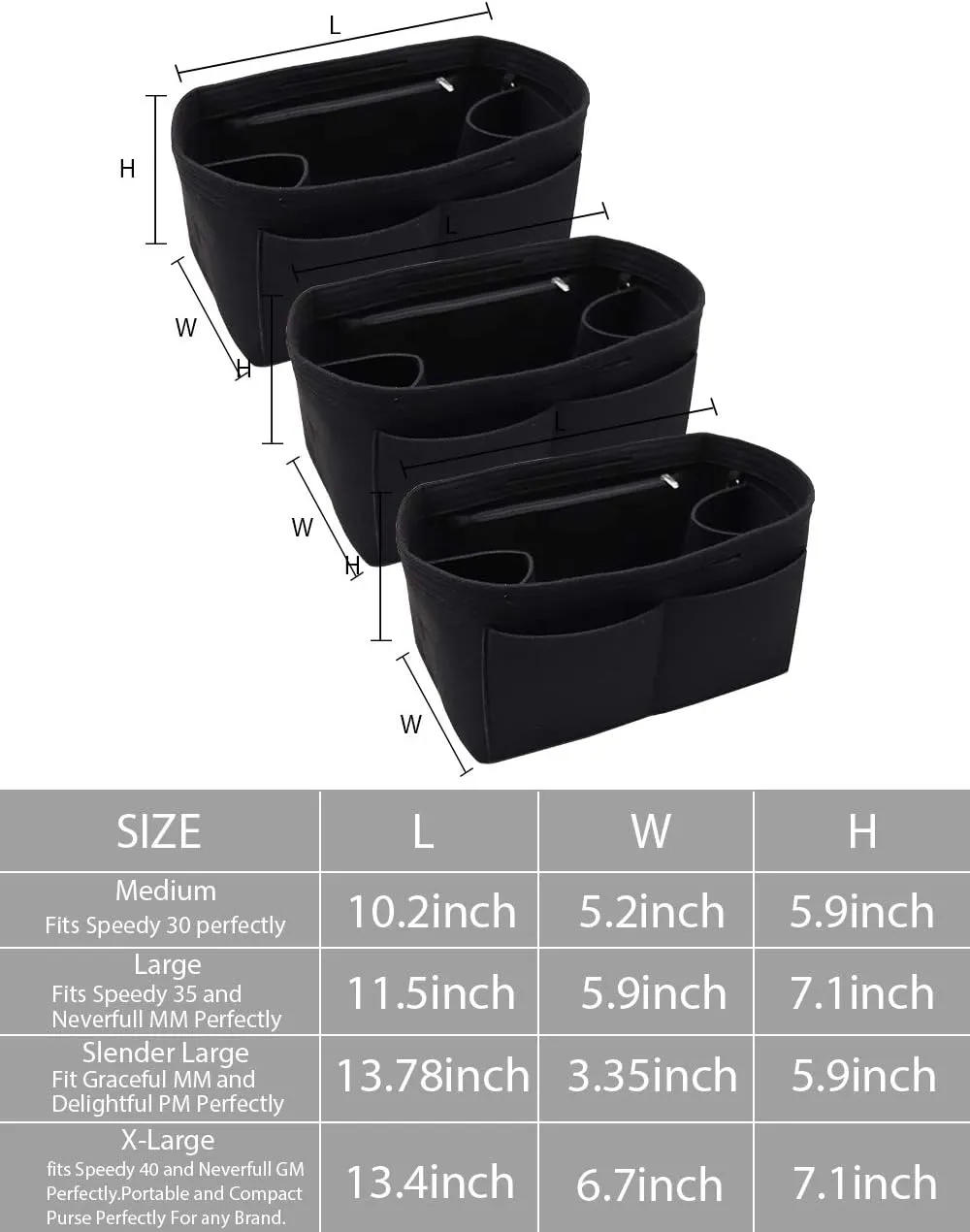 LEXSION Felt Purse Organizer Insert Zipper Pocket with Two Removeable Bottle Holder
