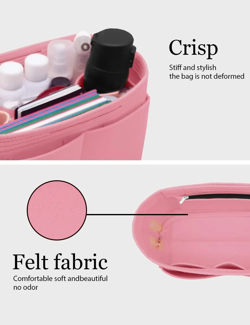 LEXSION Felt Purse Organizer Insert Zipper Pocket with Two Removeable Bottle Holder