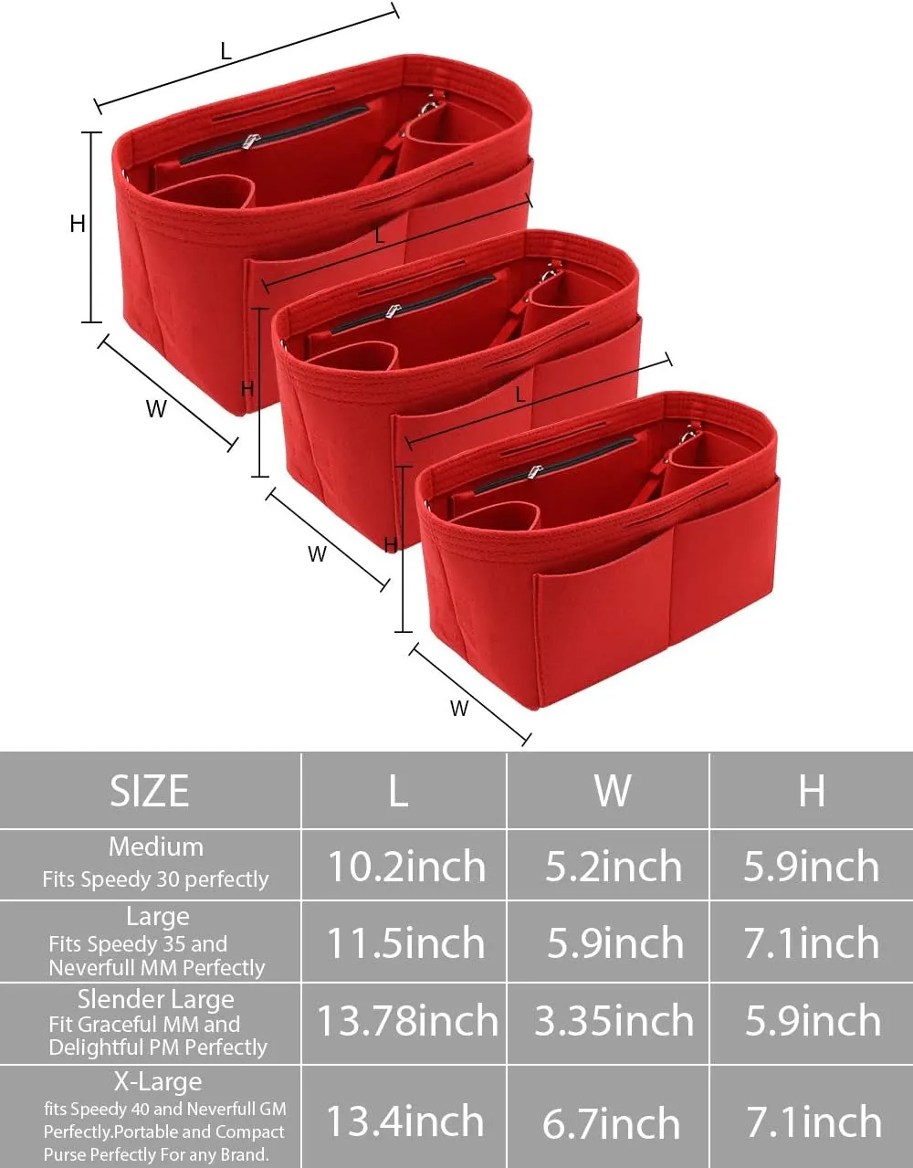 LEXSION Felt Purse Organizer Insert Zipper Pocket with Two Removeable Bottle Holder