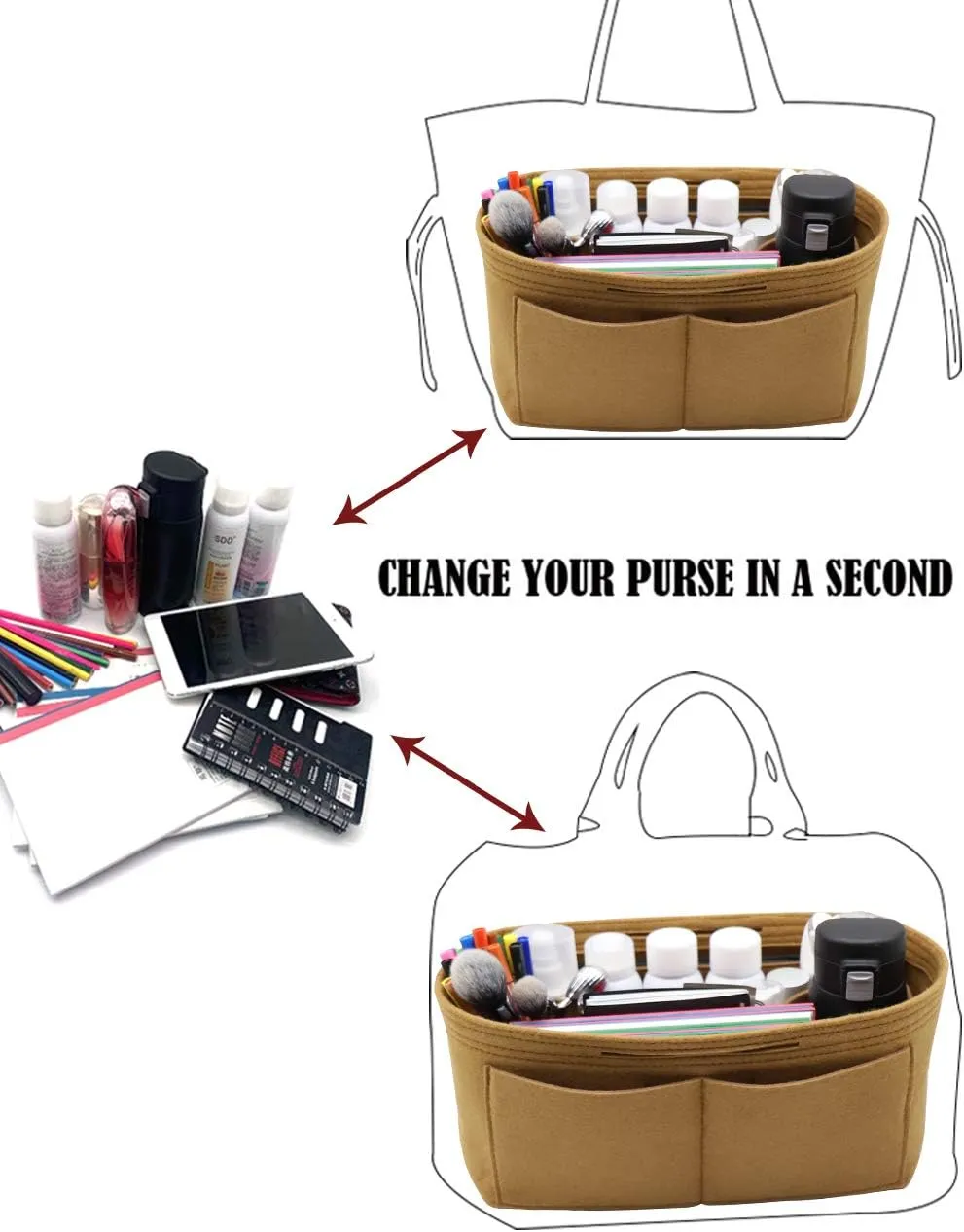 LEXSION Felt Purse Organizer Insert Zipper Pocket with Two Removeable Bottle Holder