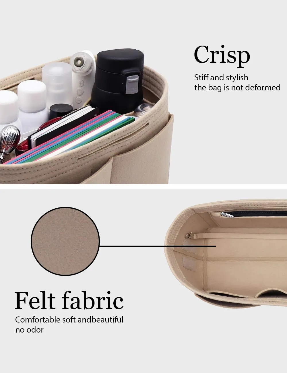 LEXSION Felt Purse Organizer Insert Zipper Pocket with Two Removeable Bottle Holder
