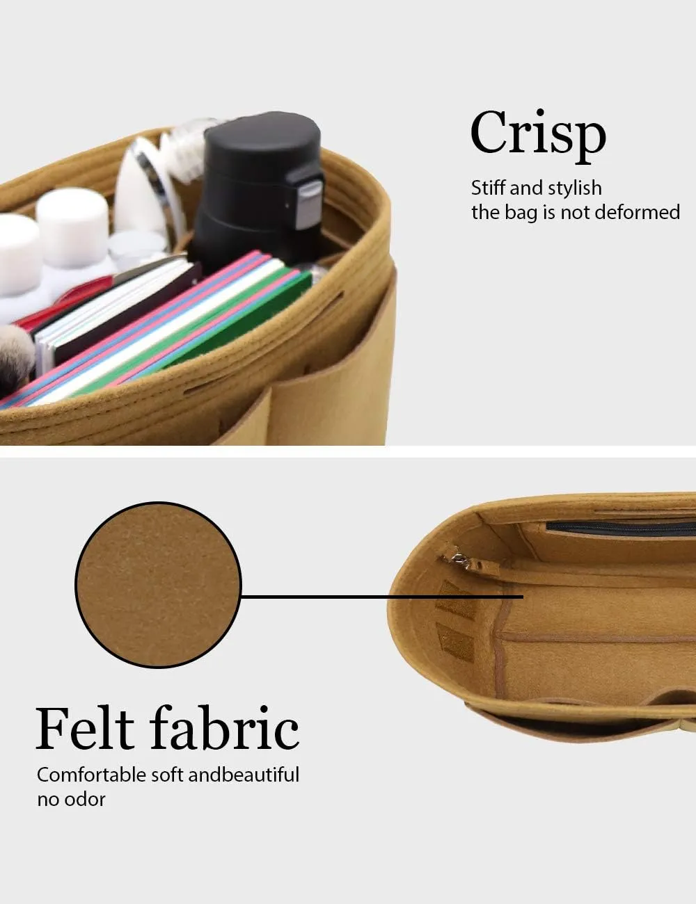 LEXSION Felt Purse Organizer Insert Zipper Pocket with Two Removeable Bottle Holder