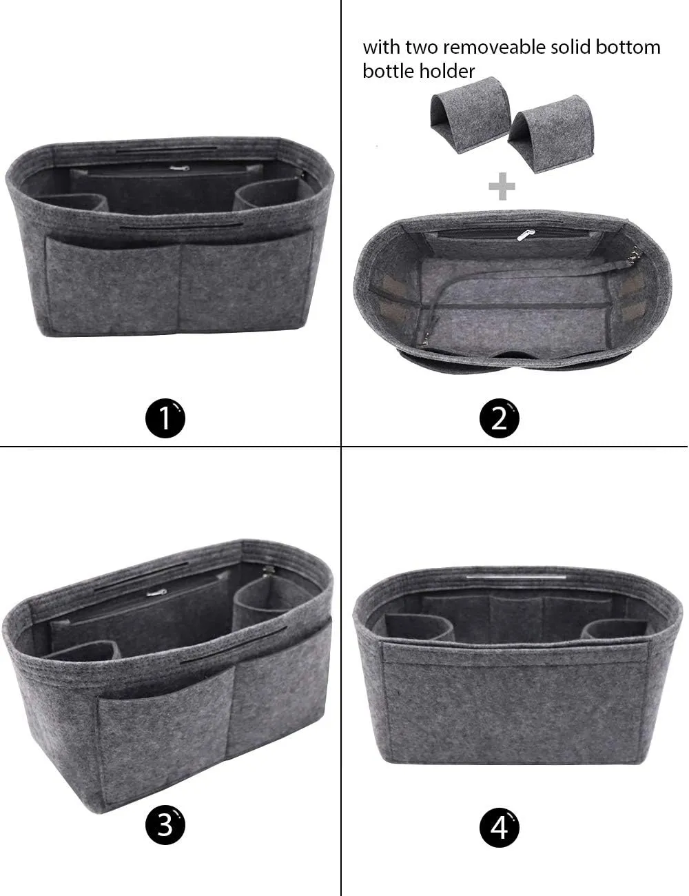 LEXSION Felt Purse Organizer Insert Zipper Pocket with Two Removeable Bottle Holder