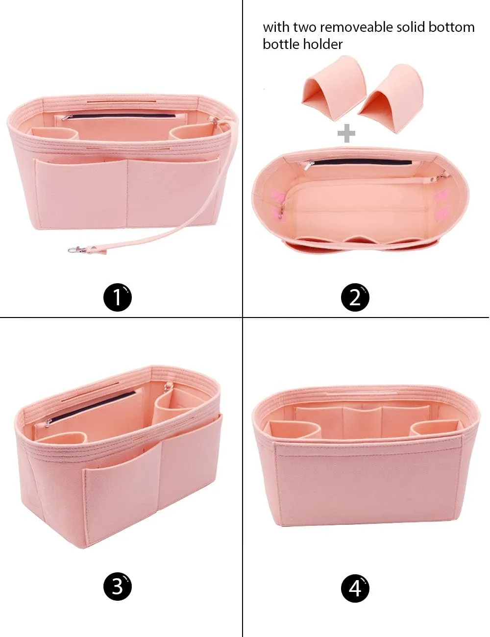 LEXSION Felt Purse Organizer Insert Zipper Pocket with Two Removeable Bottle Holder