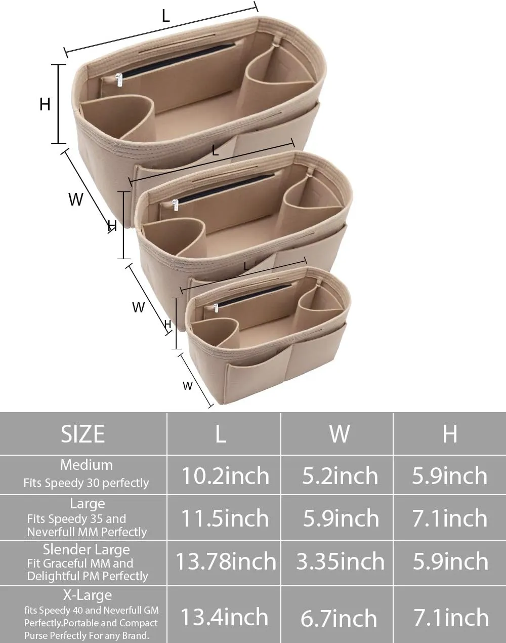 LEXSION Felt Purse Organizer Insert Zipper Pocket with Two Removeable Bottle Holder