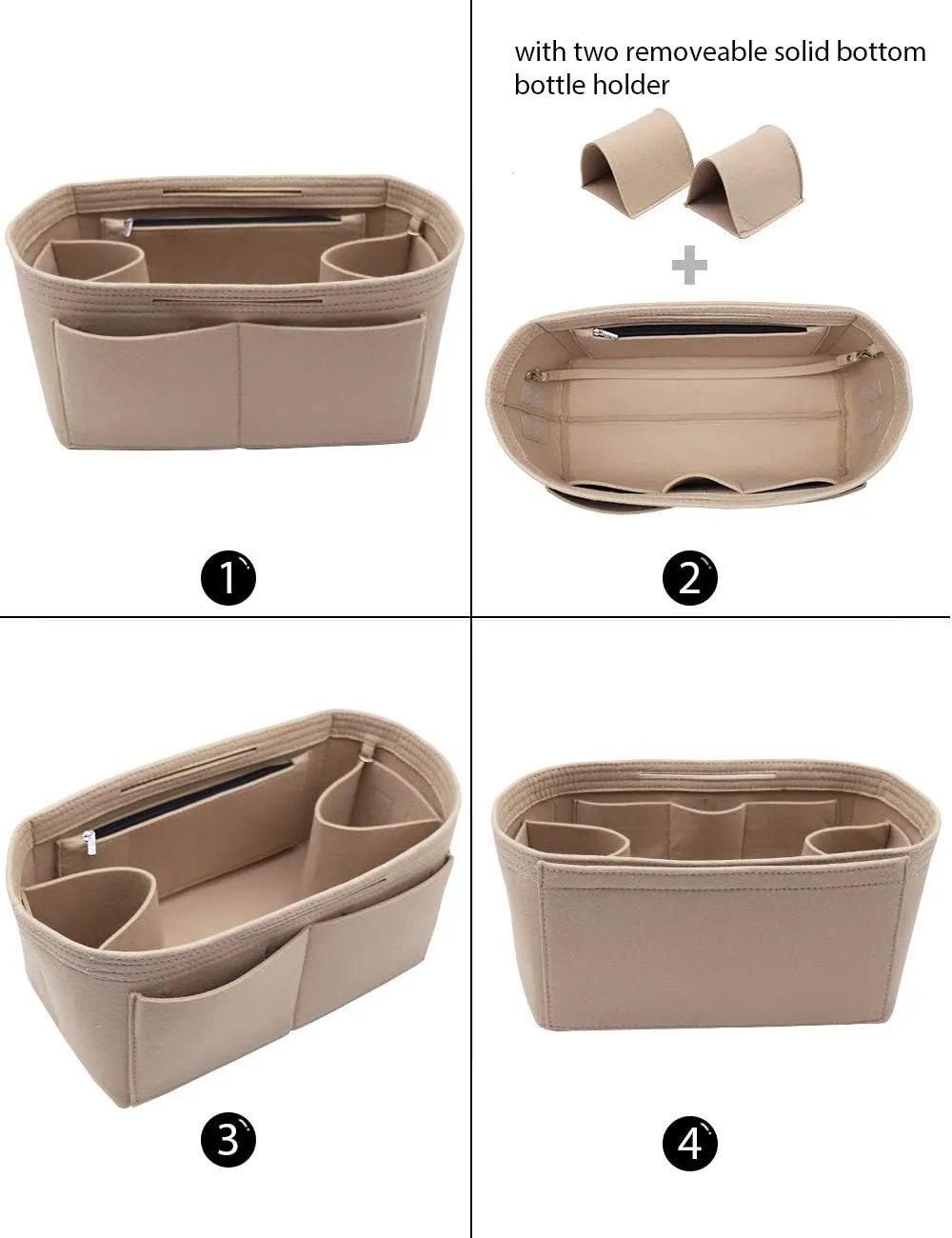 LEXSION Felt Purse Organizer Insert Zipper Pocket with Two Removeable Bottle Holder