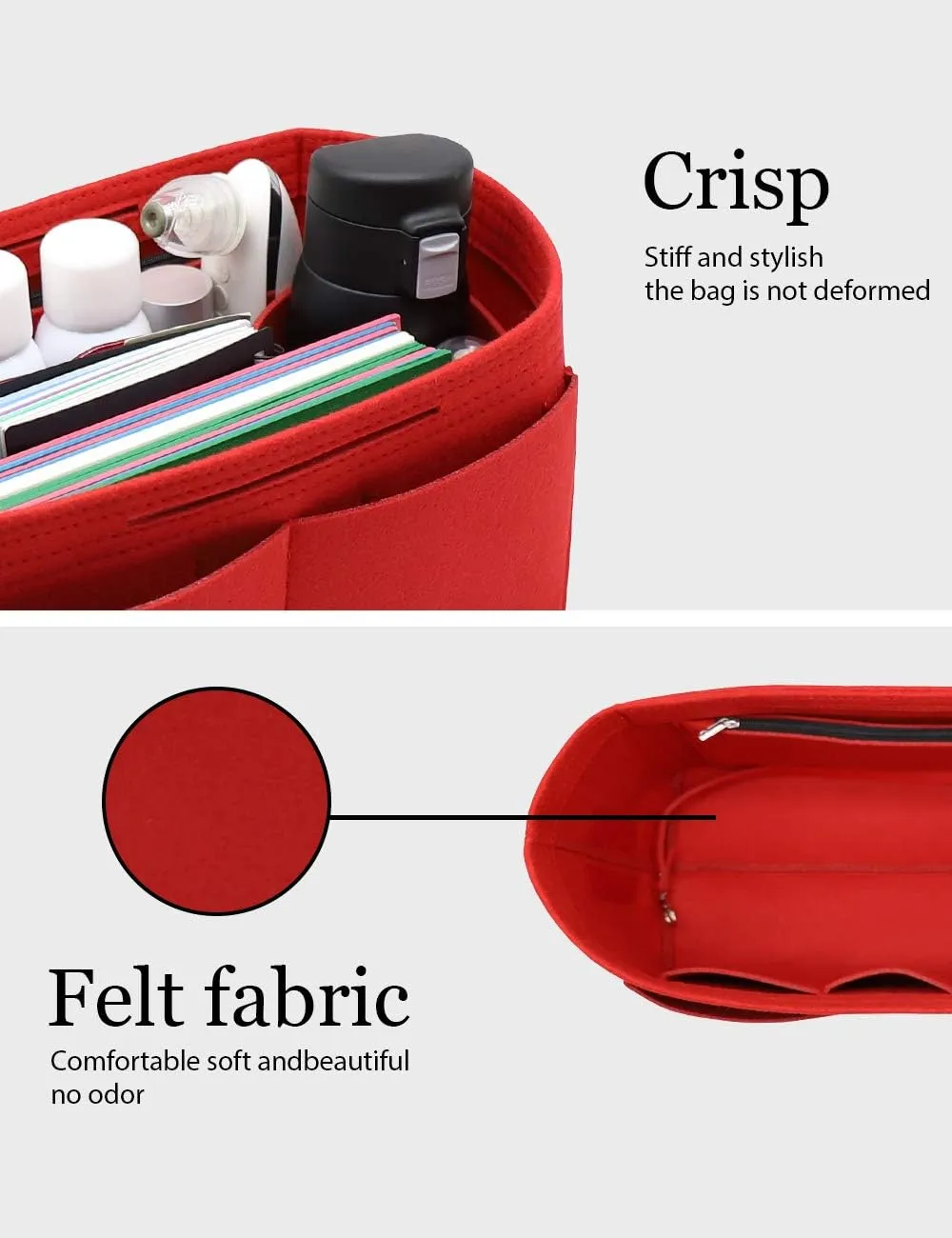 LEXSION Felt Purse Organizer Insert Zipper Pocket with Two Removeable Bottle Holder