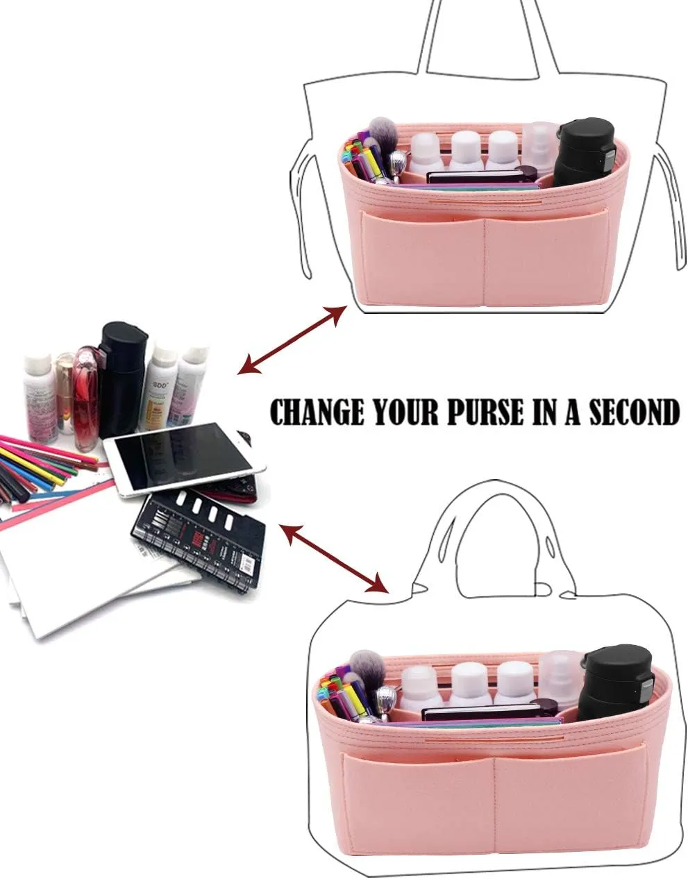 LEXSION Felt Purse Organizer Insert Zipper Pocket with Two Removeable Bottle Holder