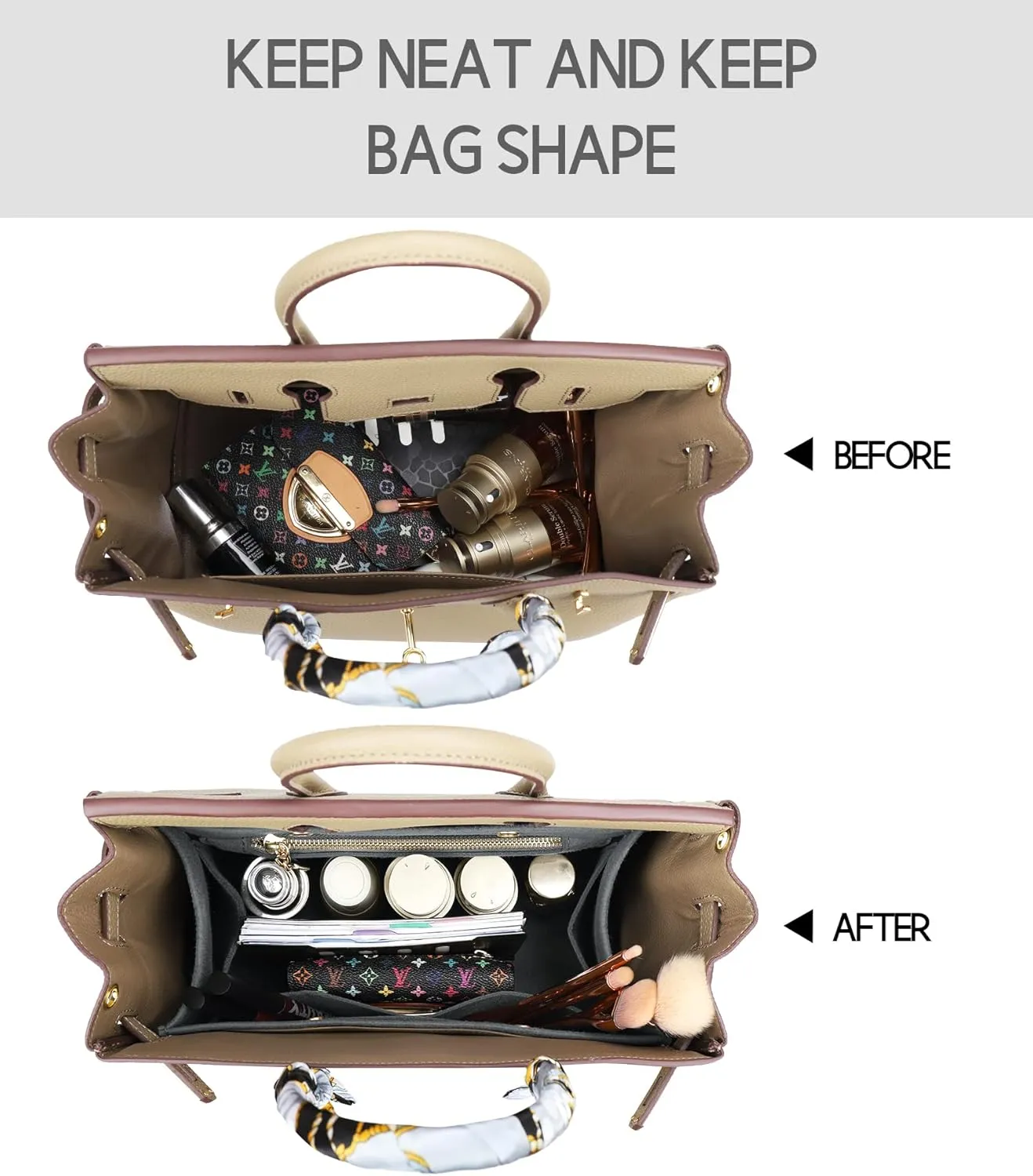 LEXSION Purse Organizer Insert for Handbags, Felt Bag Organizer for Birkin 30, Tote Bag Organizer Insert 8033 Grey Medium