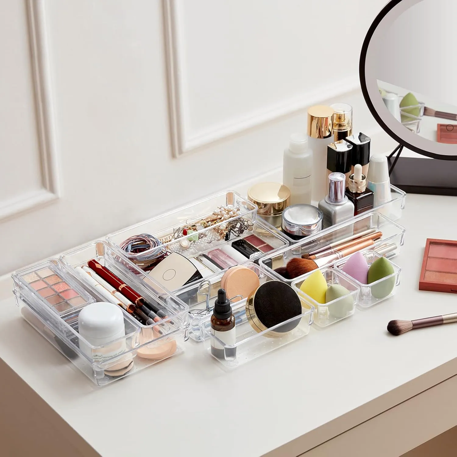 Lifewit 11 PCS Drawer Organizer Set Clear Plastic Desk Drawer Dividers Trays Dresser Storage Bins Separation Box for Makeup, Jewelries and Gadgets, Bedroom, Bathroom, Office