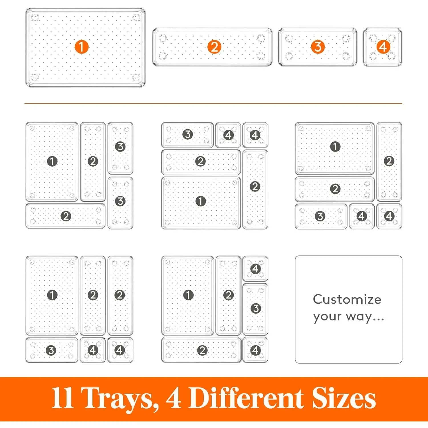 Lifewit 11 PCS Drawer Organizer Set Clear Plastic Desk Drawer Dividers Trays Dresser Storage Bins Separation Box for Makeup, Jewelries and Gadgets, Bedroom, Bathroom, Office