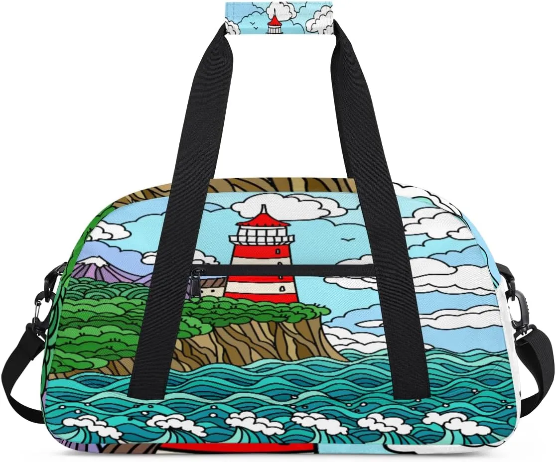 Lighthouse Sea Waves Gym Duffel Bag for Men Women Cartoon Pattern Sports Tote Bag with Adjustable Shoulder Strap for Dance Gymnastics Traveling Outdoor Camping Overnight Stay