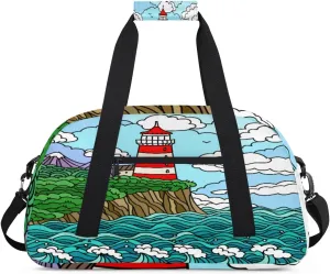 Lighthouse Sea Waves Gym Duffel Bag for Men Women Cartoon Pattern Sports Tote Bag with Adjustable Shoulder Strap for Dance Gymnastics Traveling Outdoor Camping Overnight Stay