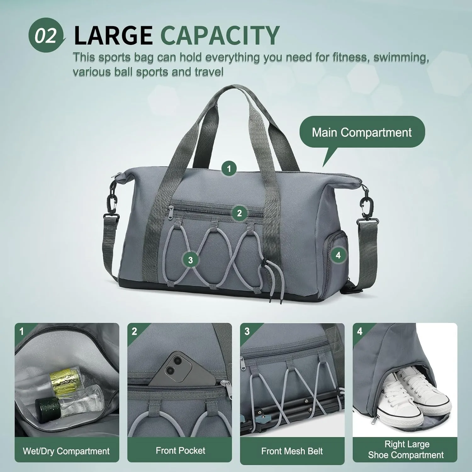 Lightweight Gym Bag for Men & Women, Water Resistant Sports Duffel Bag with Shoe Compartment & Wet Pocket for Travel Weekender & Fitness, Gray