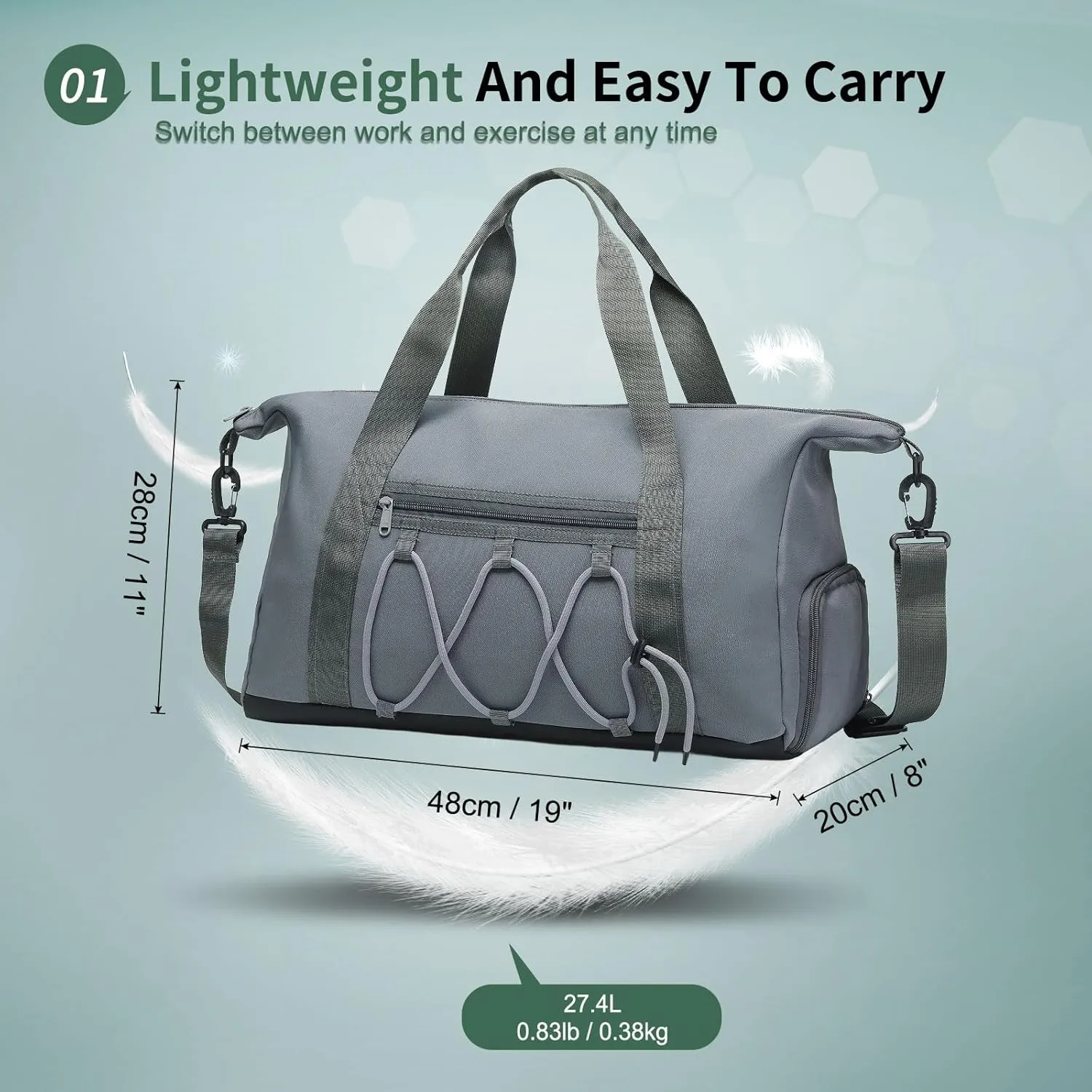 Lightweight Gym Bag for Men & Women, Water Resistant Sports Duffel Bag with Shoe Compartment & Wet Pocket for Travel Weekender & Fitness, Gray